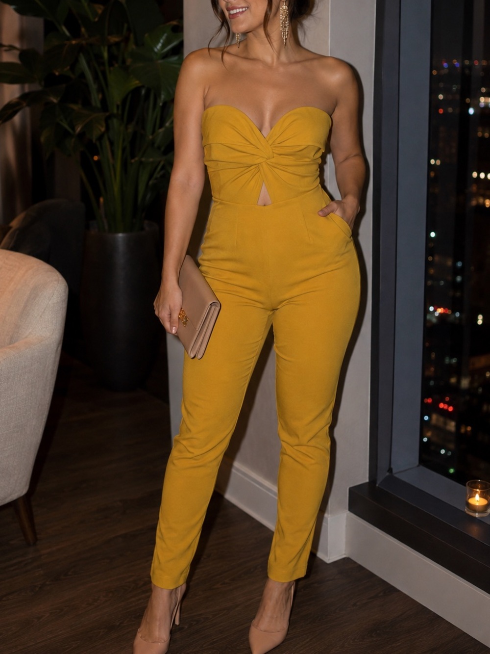 New Chic Strapless Yellow Jumpsuit